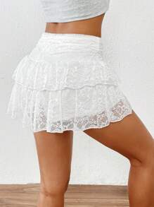 SHEIN PETITE Falda corta informal de línea A con patchwork de encaje en unicolor, conjunto de ropa para mujer