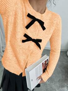 Elenzga Áo khoác cardigan dài tay phía trước có nơ trang trí thường ngày cho nữ, dáng rộng, mùa thu và đông - trái cam - Xem 4