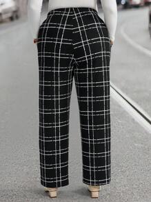 EMERY ROSE Plus Size Women Casual Plaid Pattern Oblique Pocket Long Black Pants, Winter Clothes