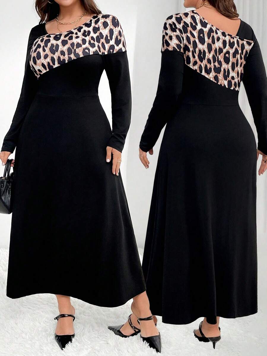 SHEIN Clasi Plus Size Women's Asymmetric Hemline Leopard Print Dress - Black - View 1