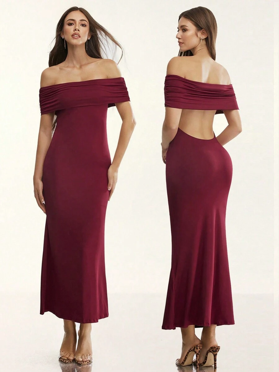 Glamine Women's Elegant Summer Burgundy Off Shoulder Bodycon Dress,Pleated Mermaid Formal Long Party Dress, Dining Red Solid Color Simple Dresses - Burgundy - View 1
