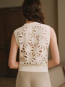 Anewsta Elegant Luxury Vacation V-Neck Openwork Beaded Loose Knit Sweater Top, Christmas & New Year For Women - White - View 2