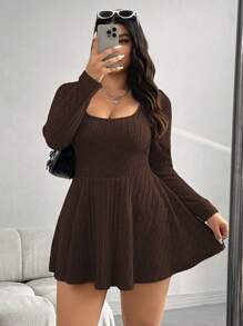 SHEIN EZwear Combinaison côtelée à col carré grande taille, style casual pour l'automne