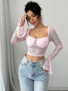 Chiquease 1-Piece Set Women's Pink Lace Transparent Solid Color Sweetheart Square Neck Fit Bell Long-Sleeved Top Hot Girl Suitable For Dating And Going Out To Take Photos As A Bottoming Spring And Summer Top Fall Cloth For Women