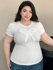 Dazy Plus Plus Size Bow Accent Fitted Short Sleeve Round Neck Crop Top, White, Spring/Summer Preppy Tops - White - View 7