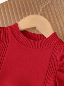 SHEIN LMoss Kids LMoss Baby Girl Cute Pink Turtleneck Long Sleeve Knit Sweater Dress, Autumn/Winter - Red - View 5