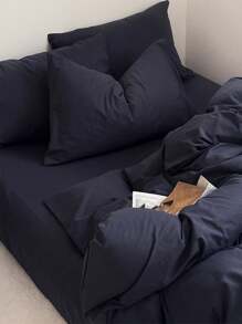 3 件套深蓝色宿舍卧室床上用品套装，包括 1 个羽绒被套、2 个枕套，超柔软，可机洗，无填充物 - 藍色 - 查看 4