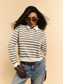 Athîral Women Casual Striped Polo Collar Drop Shoulder Long Sleeve Loose T-Shirt, Autumn