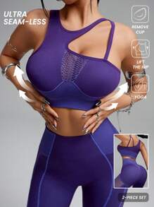 Innovista Women 2 Pieces Seamless 3D Sculpting Striped Crop Hemmed Fitted Push Up Bra And Leggings Sports Suit,Gym Workout & Daily Casual,Running,Cycling,Yoga,Outfit Sets,Purple