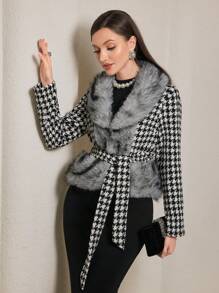 Modelyn 1 件女式蓬松拼接口袋格子印花配腰带优雅长袖常规夹克 - 黑與白 - 查看 3