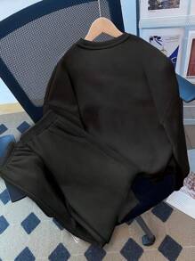 SHEIN Leap Crew 2 件套年轻女孩闪光蝴蝶结装饰宽松圆领加厚运动衫，休闲简约风格，适合幼儿/小女孩秋冬季 - 黑色 - 查看 2