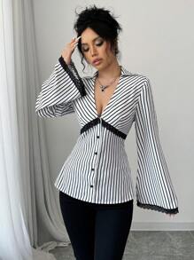 Chiquease Áo ren tay chuông sọc cổ chữ V màu đen dành cho nữ - Đen và trắng - Xem 5