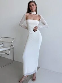 Aloruh 1 pieza Vestido ceñido de manga larga con detalles de malla transparente en color albaricoque para mujer, romántico para una cita