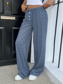 Aloruh Women's Fashionable Ditsy Floral Print Button Decor Loose Wide Leg Pants