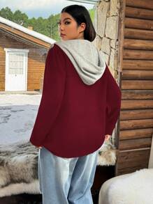 SHEIN EZwear Blazer con capucha casual y retro de talla grande, para otoño/invierno - Burdeos - Ver 2