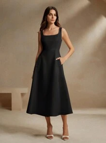 Anewsta French Style Black Square Neck Strap A-Line Cinched Waist Flattering Dress Maxi Women Outfit
