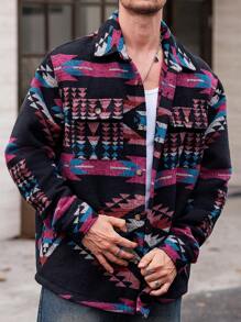 Manfinity VCAY Men's Thick Lined Collared Button-Up Casual Shacket, Slim Fit, Suitable For Autumn - Burgundy - View 1