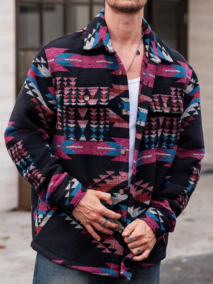 Manfinity VCAY Men's Thick Lined Collared Button-Up Casual Shacket, Slim Fit, Suitable For Autumn - Burgundy - View 1