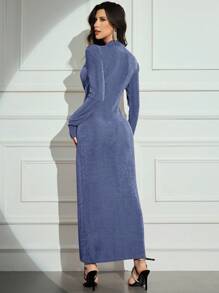 Modelyn Vestido elegante de manga larga con cuello en V y diseño de volantes y rhinestones, vestido largo de noche de unicolor para mujeres - Neblina azul - Ver 2