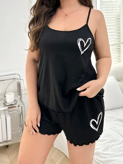 SHEIN 大码简约心形吊带背心和短裤睡衣套装、服装
