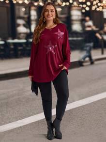 EMERY ROSE Plus Size Women Casual Minimalist Sweatshirt For Daily Wear, Autumn/Winter - Burgundy - View 6