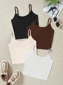 SHEIN EZwear 4 قطعة/مجموعة من البلوزات العصرية القصيرة ذات الحمالات، مناسبة للصيف للنساء، ذات تركيب محكم - متعدد الألوان - مشاهدة 11