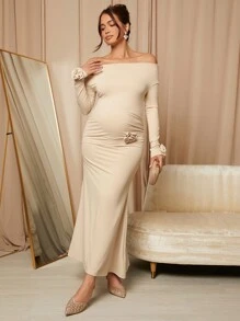 MaterniChic Women's Autumn/Winter Solid Color Asymmetric Shoulder Rose Knot Fishtail Bodycon Party Dress, Maternity Formal Gown, Party Wear