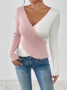 SHEIN Clasi Women's Elegant Commute Daily Ballet Style Slim Fashion Cross Design Slimming Beaded Detail Party Gathering V-Neck Autumn Winter Pullover Sweater Business Casual Woman,Work Wear,Fall Wedding Guest Dress,