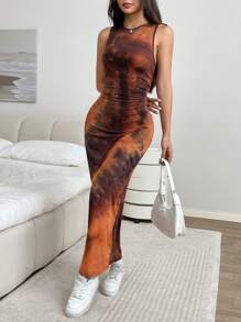 SHEIN EZwear 女式修身夏季花卉印花吊带紧身长裙 - 棕色 - 查看 4