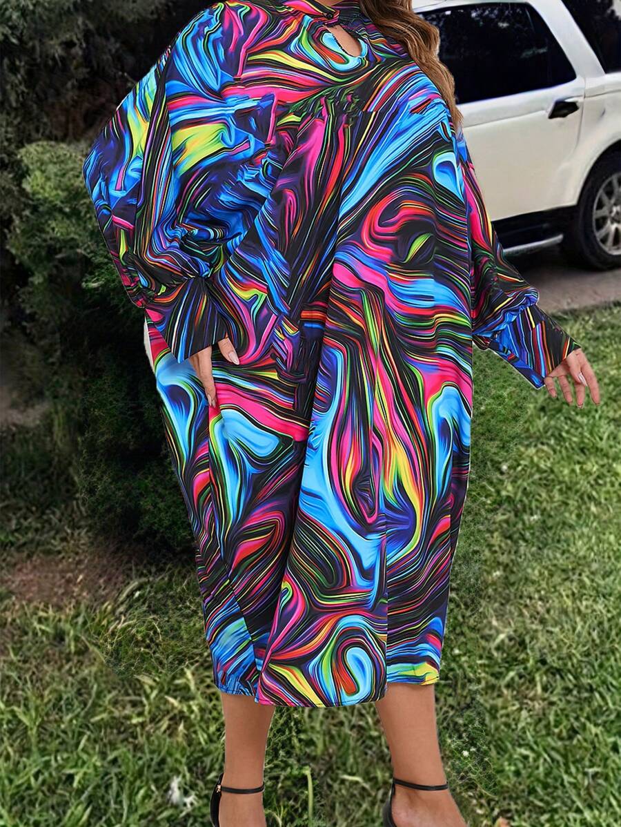 SHEIN LUNE Plus Size Casual All-Over Print Crew Neck Long Sleeve Dress, Autumn Fall Cloth For Women - Multicolor - View 1