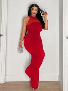 Slaydiva 优雅、约会、派对和聚会大码女士无袖高领黑色透明网眼拼接修身连体裤，春夏