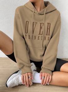 Lunelith SHEIN Lunessa Letter Print Pocket Decor Casual Hooded Long Sleeve Sweatshirt