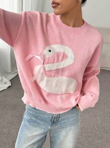 SHEIN Unity 女士休闲天鹅图案粉色针织毛衣，秋冬季百搭针织套头衫 - 彩色 - 查看 3