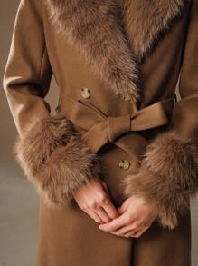 Anewsta Fluffy Collar Thickened Warm Long Belted Knitted Coat For Women