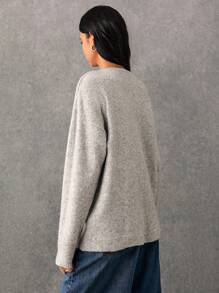 Poéselle Women's Grey Autumn V-Neck Sweater Crocheted Floral Applique Loose Long Sleeve Pullover,Casual Brunch Warm Furry Effortless Chic Essential Sweaters - Light Grey - View 5