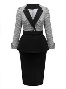 SHEIN Clasi 1pc Plus Size Plaid Print Colorblock Belt Blazer Jacket And Solid Color Skirt Elegant Suit Set - Multicolor - View 8