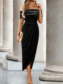 SHEIN Clasi 1 Peça Vestido Longo Minimalista Elegante com Ombros Abertos para Mulheres - Preto - Visão 3
