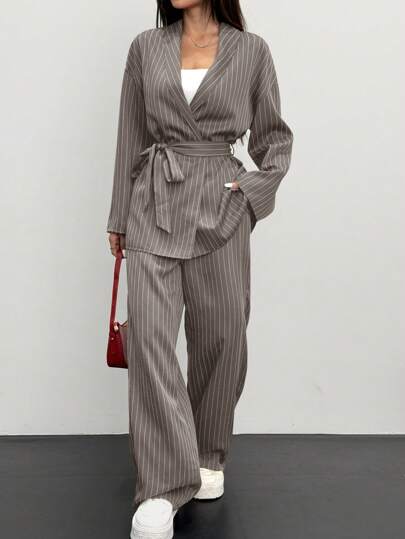 Siren Gaze 2pcs Women Striped Wrap Casual Kimono Suit Set, Grey, Office Lady Fashion Business Attire In Fall/Winter Brown