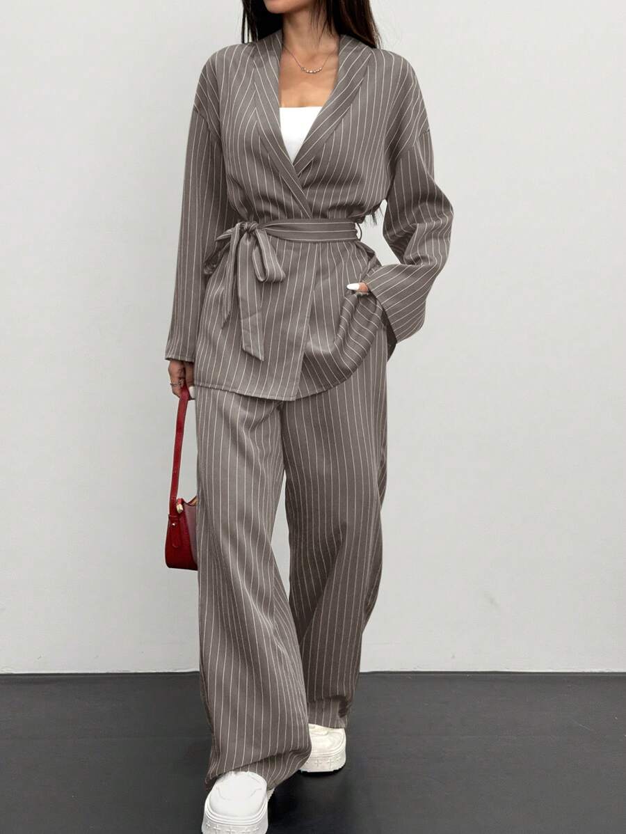 Siren Gaze 2pcs Women Striped Wrap Casual Kimono Suit Set, Grey, Office Lady Fashion Business Attire In Fall/Winter Brown - Khaki - View 1