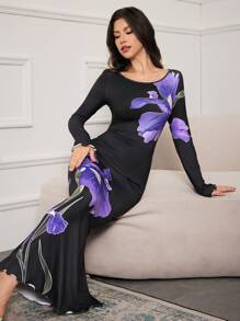 Modelyn 女士花卉印花圆领长袖鱼尾下摆修身优雅连衣裙长款晚礼服 - 黑色 - 查看 3