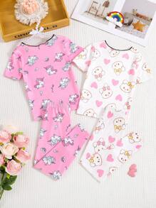 4 件套少女睡衣套装，心形图案短袖上衣和罗纹紧身裤，贴身家居服