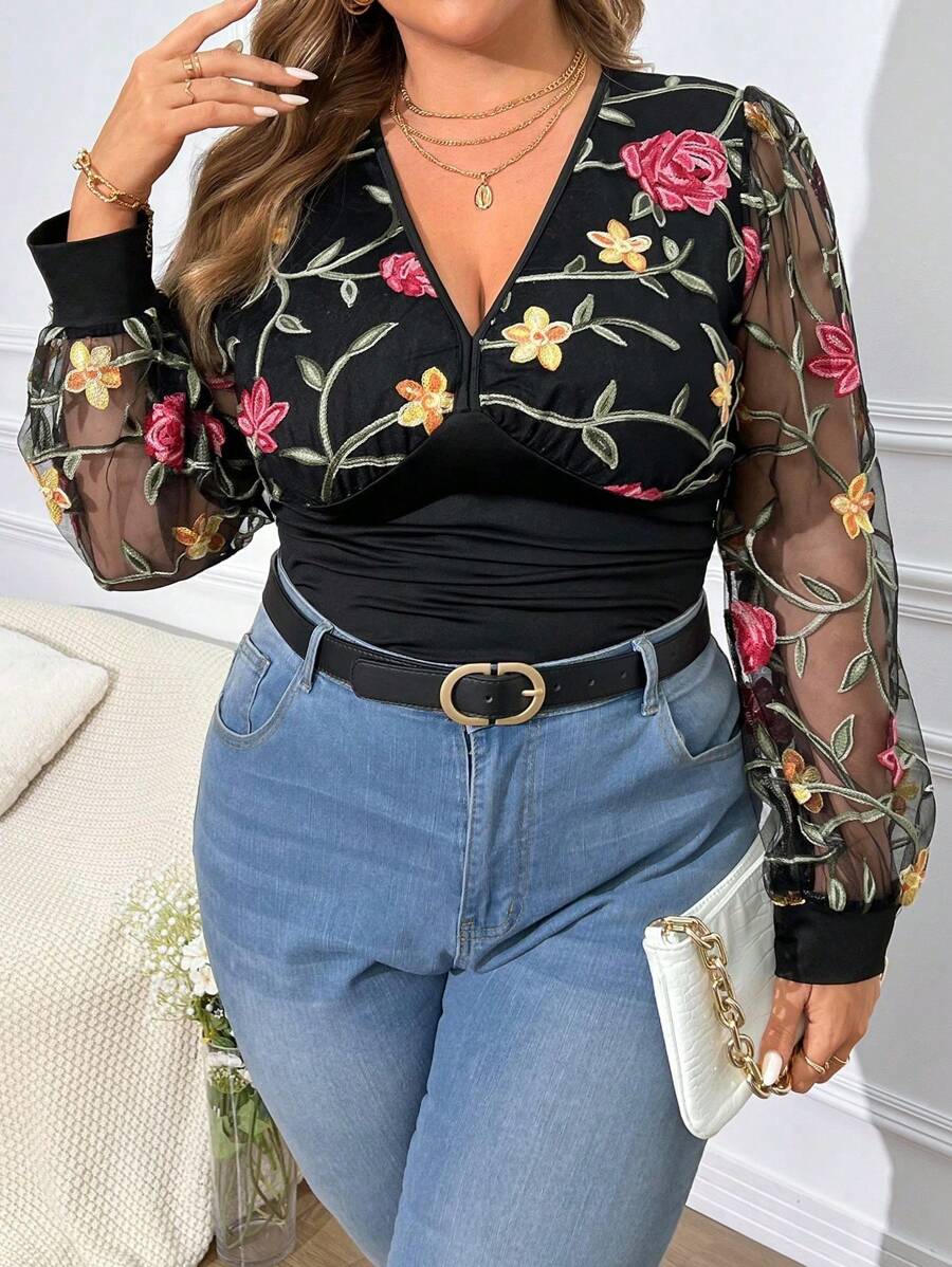 Flirla Plus Size Women Floral Embroidery Mesh Contrast Skinny Fit Fashion T-Shirt Fall Cloth For Women - Black - View 1