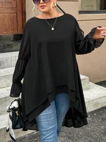 SHEIN Clasi 女士加大码高低上衣灯笼袖不对称下摆衬衫连衣裙 - 黑色 - 查看 4