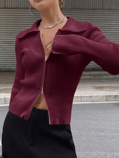 DAZY Casual zakelijke stijl effenkleurige cardigan met rits voor dames, herfstkleding