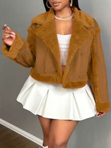 Slaydiva 秋冬新款休闲简约翻领长袖短款宽松毛边袖口下摆粉色夹克女装仿皮草外套-A - 棕色 - 查看 5