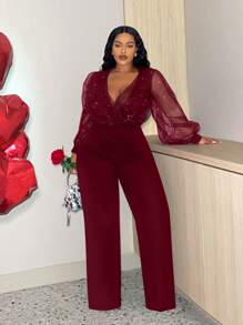 Slaydiva Kombinezon z brokatem i przezroczystym dekoltem w serek w dużym rozmiarze, gorący strój na wieczór walentynkowy - Burgund - Zobacz 4