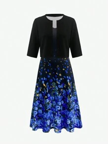 SHEIN Clasi 2 件套休闲日常装，纯色开衫和花卉印花 V 领连衣裙 - 藍色 - 查看 3