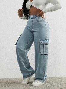 SHEIN Slayr Women's Casual Cargo Pocket High Waist Straight Leg Jeans