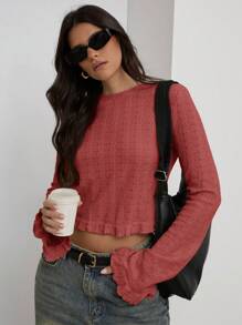 COSMINA 女士纯色圆领长袖荷叶边休闲T恤，秋季款 - 酒紅色 - 查看 5