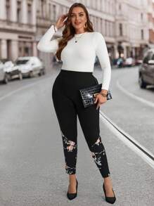 EMERY ROSE Plus Size Women Floral Print Patchwork Leggings For Autumn/Winter,Winter Clothes For Women